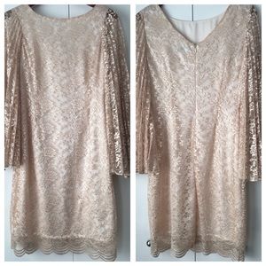 Tahari ASL Gold Blush Lace Dress Bell Sleeve